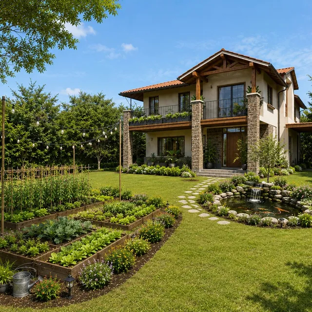 Propuesta de diseño de día: huerto en bancales, estanque y jardín frente a la casa