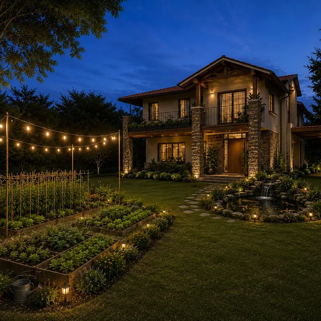 Propuesta de diseño de noche: el mismo jardín con luces y el huerto iluminado