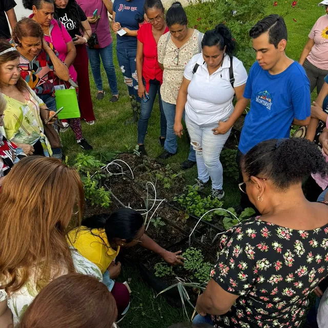Participantes sembrando juntos en un bancal